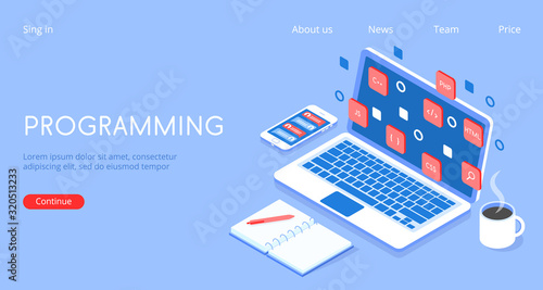 Stylish vector isometric 3d Programming, programmer at work illustration.