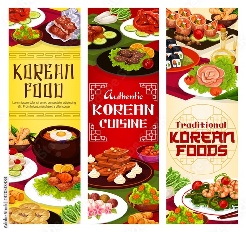 Korean cuisine menu, South Korea oriental, restaurant, traditional food dishes. Vector Korean ramen, soba or udon noodles, meat and rice, dumplings and salads, bulgogi soup and seafood kimbap rolls