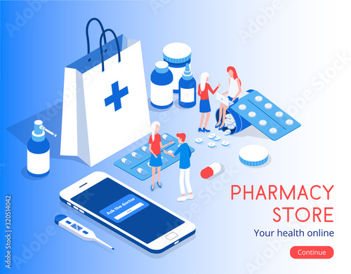 Modern vector isometric 3d Pharmacy Store with patient illustration.