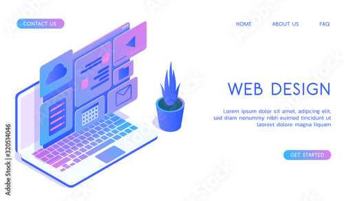 Stylish gradient isometric vector Web Design and UI UX design with laptop illustration.
