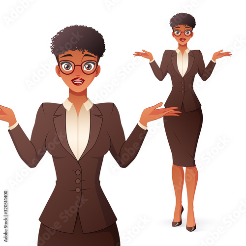 Confused black businesswoman in glasses shrugging shoulders. Isolated vector illustration.