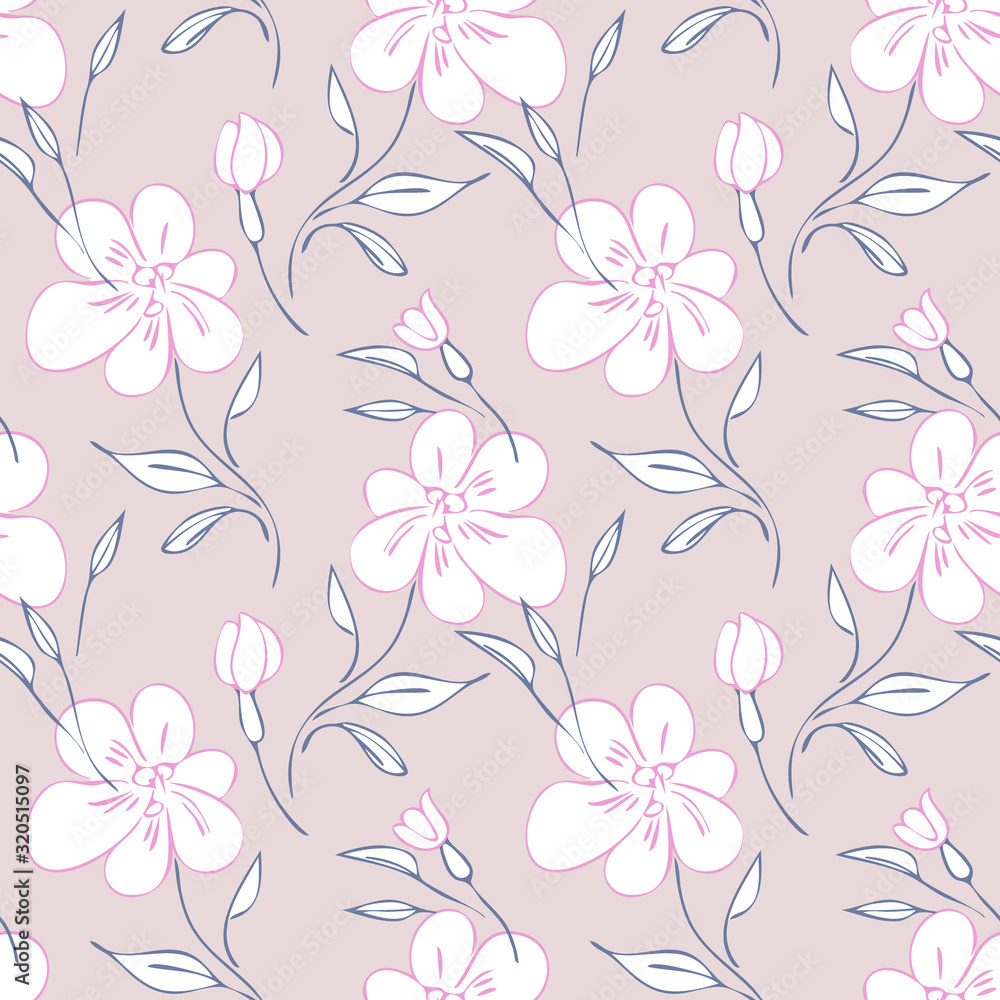 Pink Flowers Seamless Pattern. Hand Drawn Vector Background.