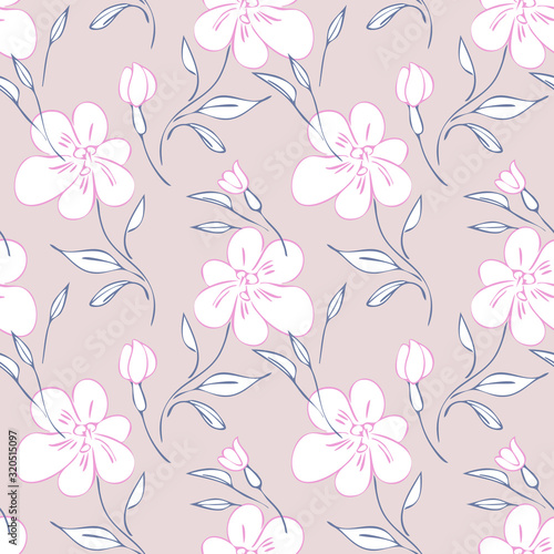 Pink Flowers Seamless Pattern. Hand Drawn Vector Background.