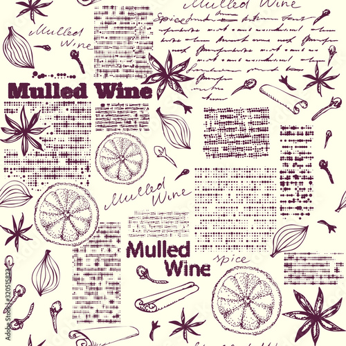 Seamless pattern with sketches of spices. Mulled wine pattern. Vector image.