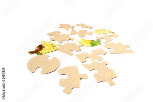 Pieces of cardboard puzzles isolated on white background. photo