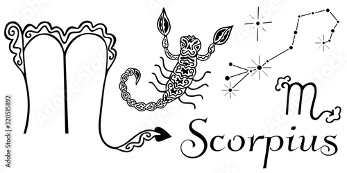 Hand drawn set for zodiac sign Scorpius. Isolated black and white clip-art for coloring book and horoscope design. Ornamental scorpio, inscription, star, astrological symbols and constellation. Vector