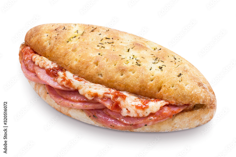 Delicious fokaccia bread with ham, bacon, mozzarella and tomato sauce, isolated on white background Delicious fokaccia bread with ham, bacon, mozzarella and tomato sauce, isolated on white background