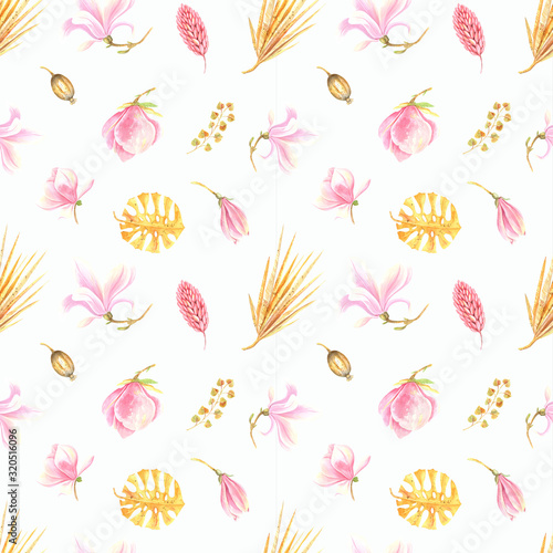 Wallpaper Mural Rose magnolia and floral gold elements. Spring seamless pattern on a white background.  Stock illustration hand painted in watercolor. Torontodigital.ca
