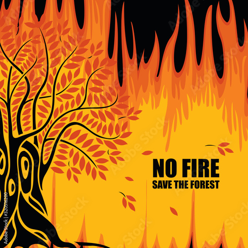 Vector banner on the theme of forest fires with the text-No fire, Save the Forest. Abstract illustration with burning tree, flaming woodland. The concept of ECO-Poster