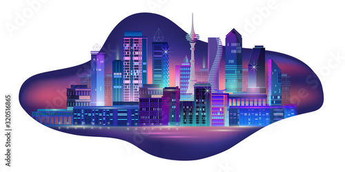 Night city panorama with neon glow. Vector illustration.