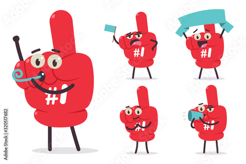 Cute number 1 fan finger vector cartoon characters set isolated on white background.
