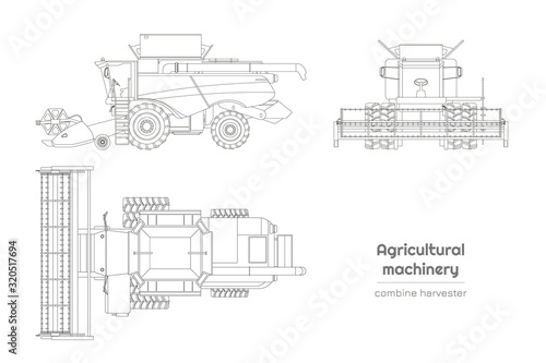 Outline blueprint of combine harvester. Side, front and top view of agriculture machinery. Farming vehicle on white background. Industry isolated drawing