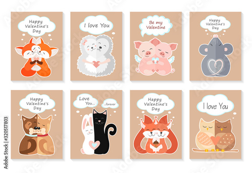 Valentine's day greeting card set with cute animals. Hugging foxes, hedgehogs, pigs, mice, dogs, cat and rabbit, squirrels, owls. I love you. Be my Valentine. Vector illustration