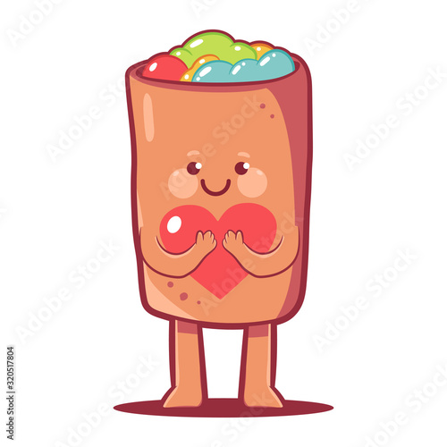 Cute burrito with heart vector cartoon character isolated on a white background.