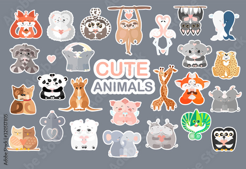 Cute set of cartoon Hugging animals stickers. Loving couple animals. Vector illustration