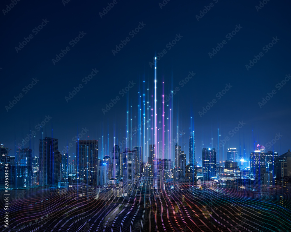 Smart city and abstract dot point connect with gradient line - obrazy, fototapety, plakaty 