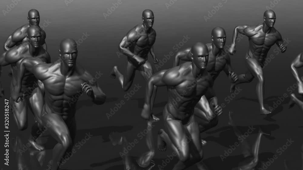 Minimalist back futuristic seamless animation of men running. Dark glossy elegant background of humanoid or artificial intelligence concept. Minimalist back futuristic seamless animation of men running. Dark glossy elegant background of humanoid or artificial intelligence concept.