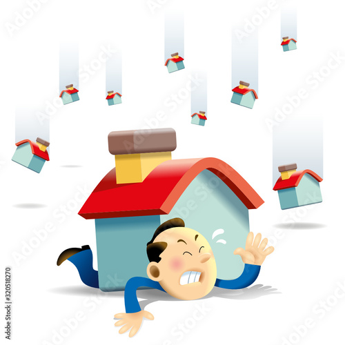 Houses falling from the sky like rains hit a man