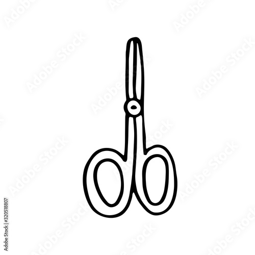 Scissors, medical equipment cartoon doodle hand drawn vector illustration, icon, sticker. Black line art design. Isolated on white background. Easy to change color. Medicine, health care.