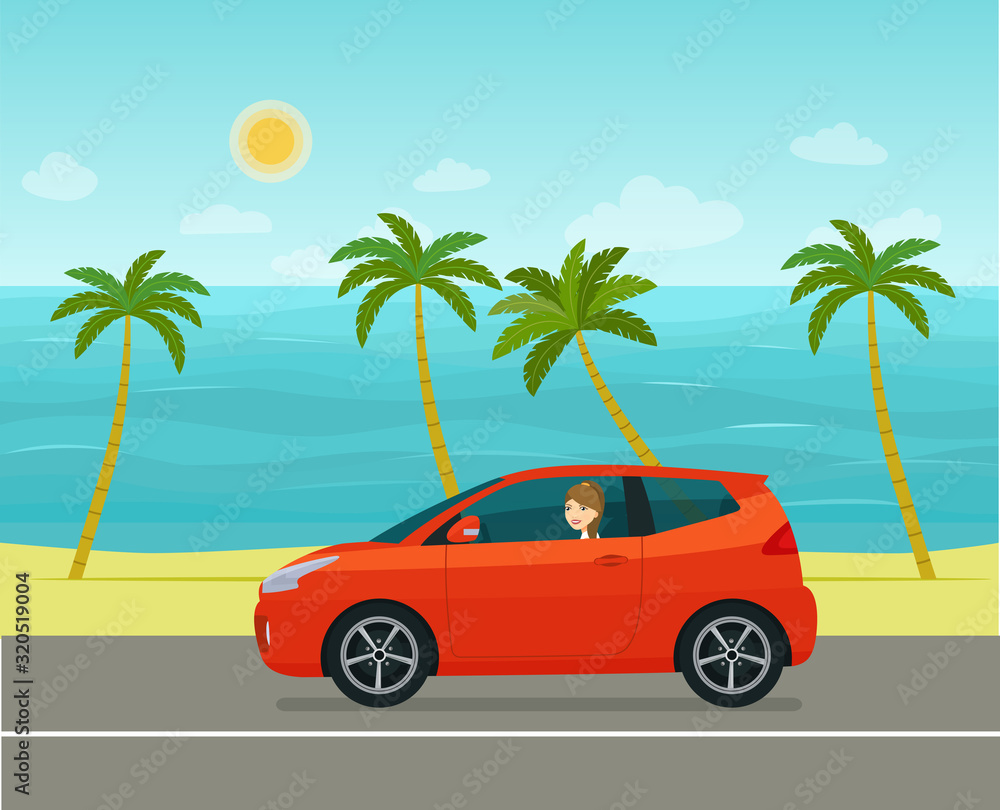 Compact hatchback car with a young woman against the backdrop of a tropical sea landscape. Vector flat style illustration.