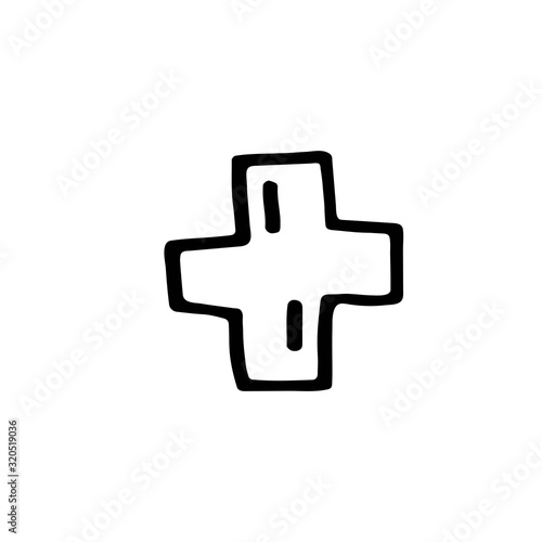 Cross medical symbol cartoon doodle hand drawn vector illustration, icon, sticker. Black line art design. Isolated on white background. Easy to change color. Medicine, health care, protection.