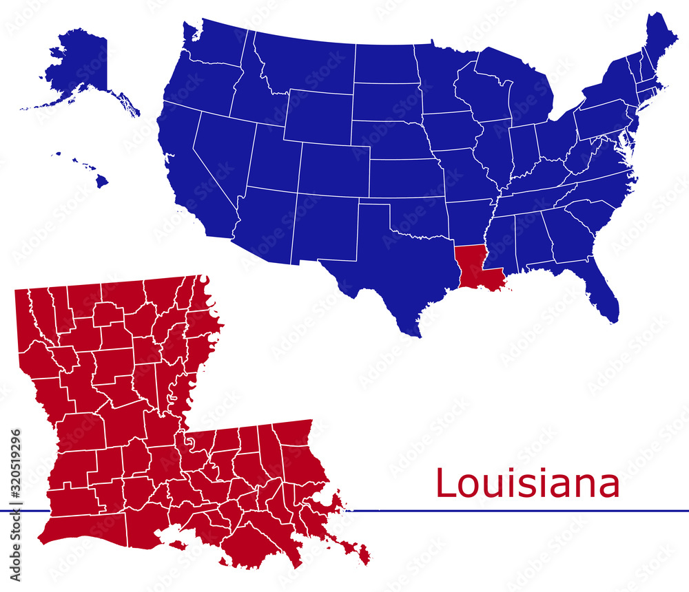 Louisiana counties vector map with USA map colors national flag Stock