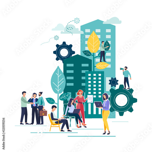 Flat vector illustration, city of the future. People who work as a team. Smart, modern, high-rises, environment, skyscraper architecture, popular business centers. List of real estate money. Work time