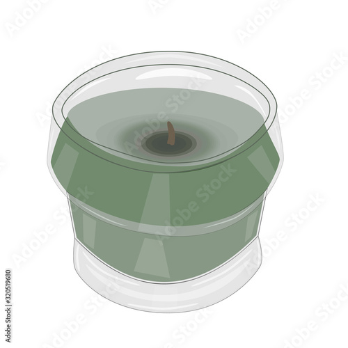 Scented citronella candle isolated on white background. Mosquito repellent citronella glass candle. Aroma tealight candle in glass candlestick for holidays. Aromatic wax round spa candle. Stock vector