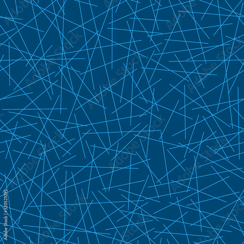 Seamless pattern of random simple lines, blue abstract geometric chaotic lines on trend blue background, vector illustration
