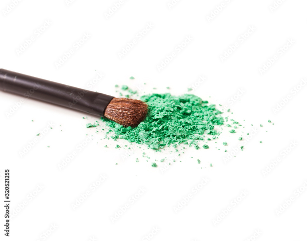 Make-up brush and powdered cosmetics isolated on white background Make-up brush and powdered cosmetics isolated on white background