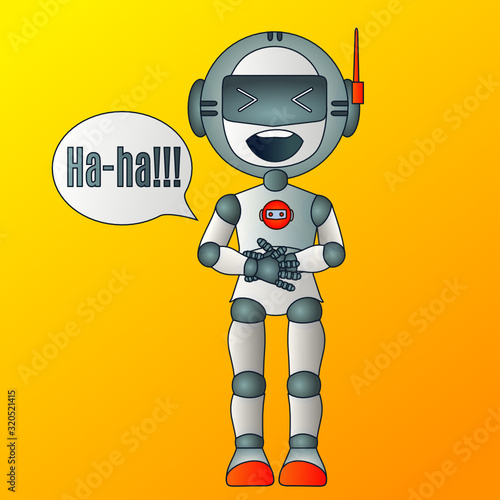 robot ha-ha emoticon with a funny laughing laugh bot with antennas and a helmet that holds on to his stomach, vector color illustration