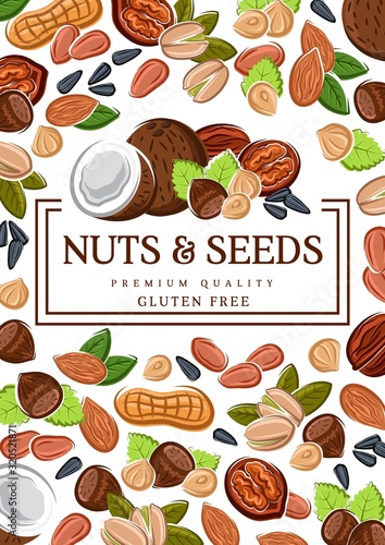 Nuts and seeds, organic GMO and gluten free raw vegan food. Vector peanut, hazelnut and almond, coconut, wheat and rye, sunflower seeds and pistachio nuts, healthy superfood nutrition