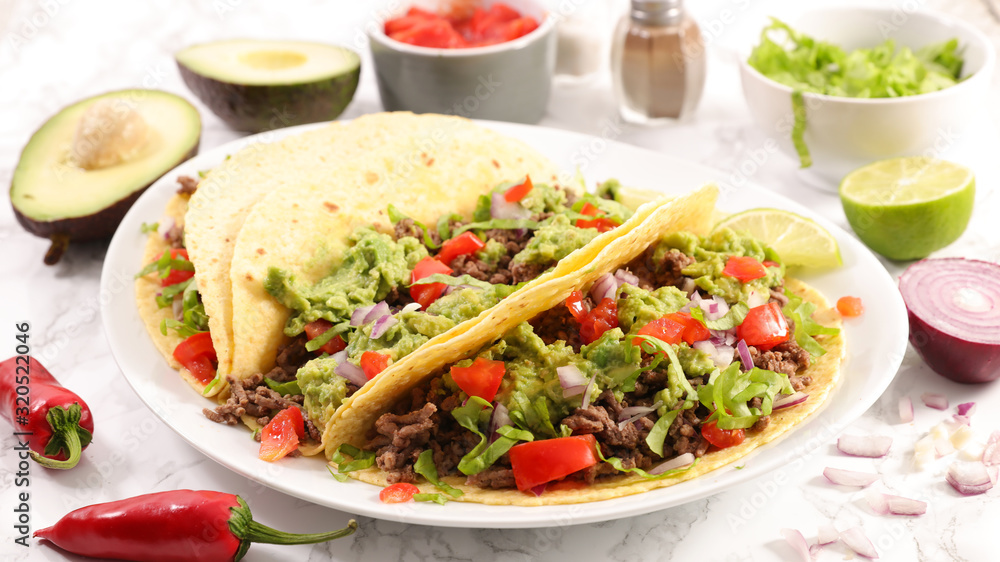 tortilla bread with minced beef, avocado and tomato tortilla bread with minced beef, avocado and tomato