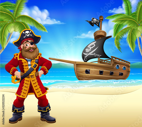 A pirate captain cartoon character on a tropical beach or island with a ship sailing in the background