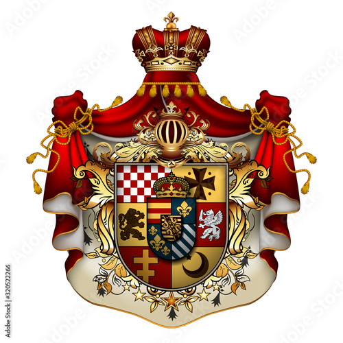 Heraldic shield with a crown and royal mantle, richly ornamented, on a white background.  3D vector. High detailed realistic illustration