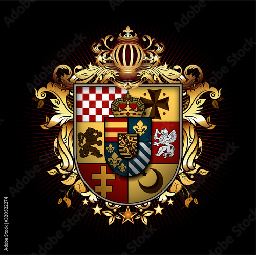 Heraldic shield with a crown on a black background. High detailed realistic illustration