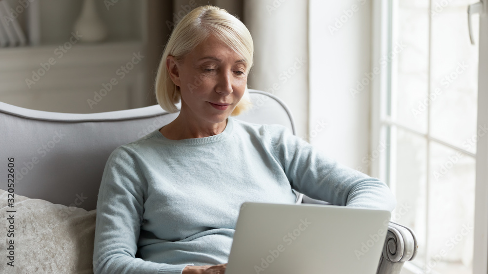 Modern mature woman relaxing at home using laptop Modern mature woman relaxing at home using laptop