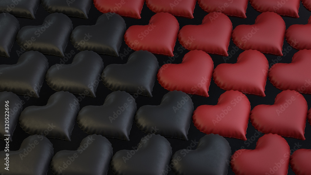 Obraz premium 3d render black and red heart balloons pattern with leather texture on the black background.