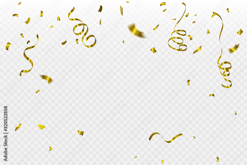 Golden Tiny Confetti And Streamer Ribbon Falling On Transparent Background. Vector - obrazy, fototapety, plakaty 