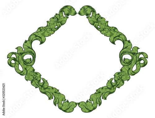 An ornamental filigree heraldry leaf pattern floral scroll border vintage style frame design
