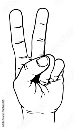 A hand in a peace or v for victory sign. Iin a vintage antique engraving woodblock or woodcut style.