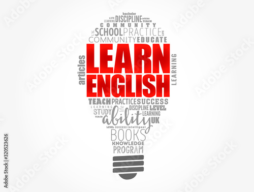 Learn English light bulb word cloud collage, education concept background