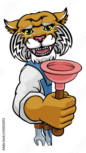 A wildcat plumber cartoon mascot holding a toilet or sink plunger peeking round a sign