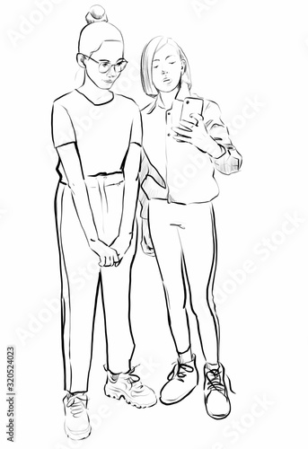 Pretty teenager girl with mobile phone, taking picture of herself and friend, hand drawn illustration