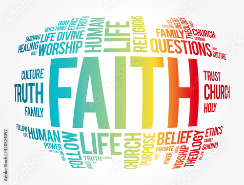 Faith word cloud collage, social concept background