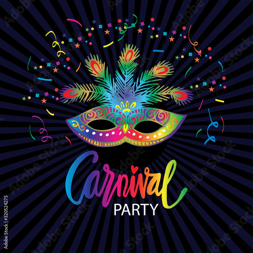 Carnival mask with feathers for poster, greeting card, party invitation, banner or flyer.