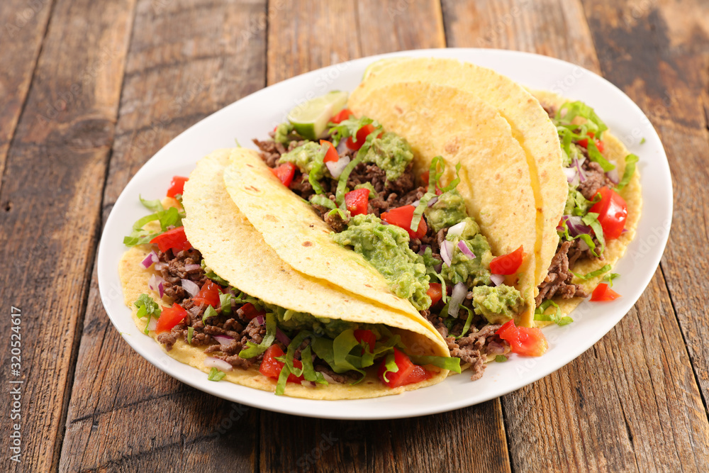 tortilla bread with minced beef, avocado and tomato tortilla bread with minced beef, avocado and tomato