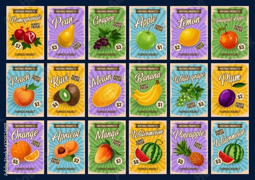 Tropical fruits farm market price list cards. Vector natural apple, pear and pomegranate, lemon and orange citrus fruits, exotic mango and watermelon, apricot and pineapple, banana and grape with plum