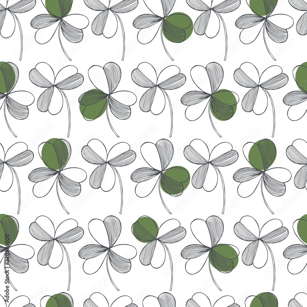 Obraz premium Saint Patrick's Day vector seamless pattern with green clover on white background. Sketch illustration
