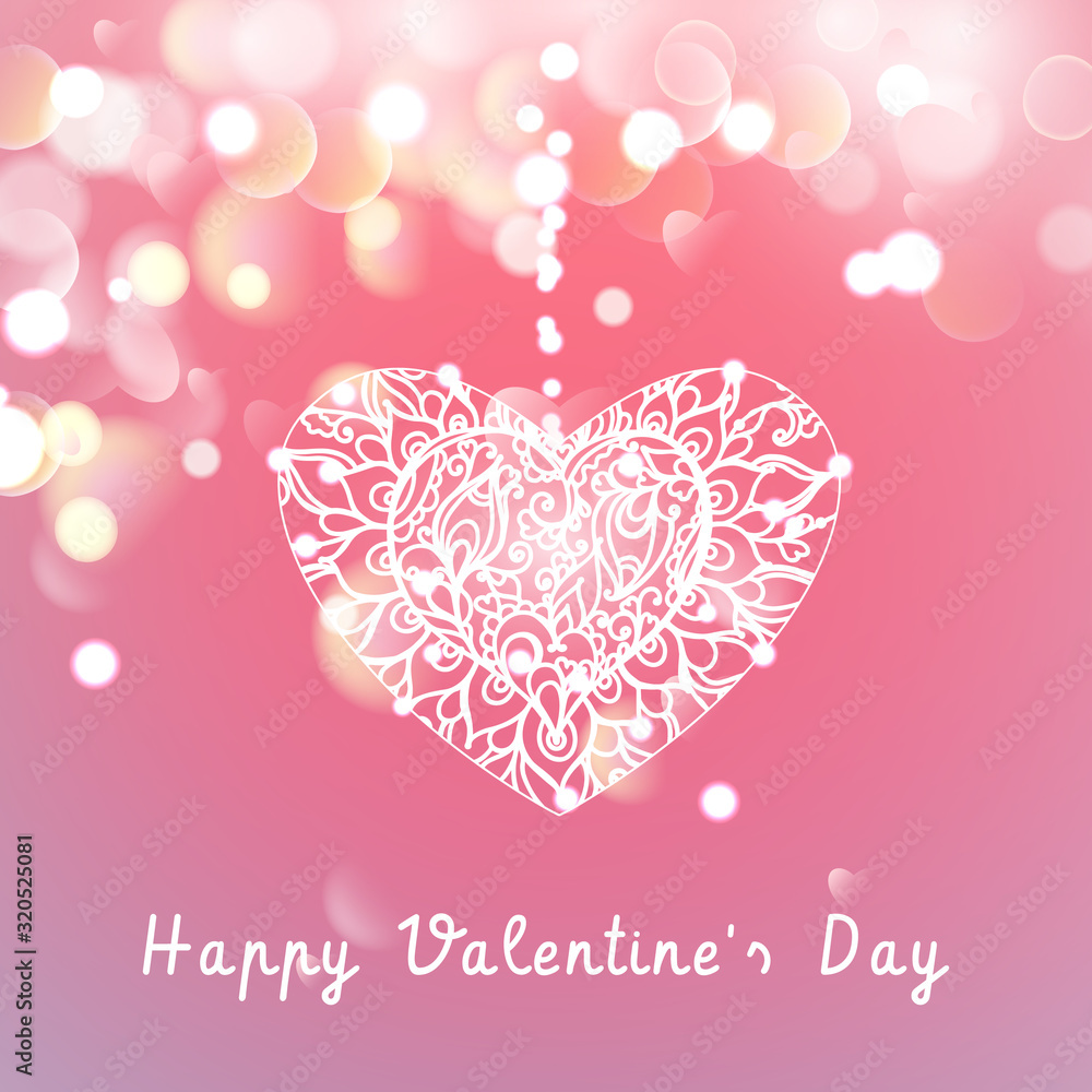 Vector Heart on a pink background with bokeh and light. Happy Valentines Day Card Design. 14 February. Blurred Soft